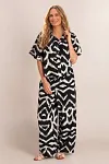 BENANCY GARMENT elegant black and white abstract geometric ikat print 2 piece matching pants set with short sleeve shirt for mature women