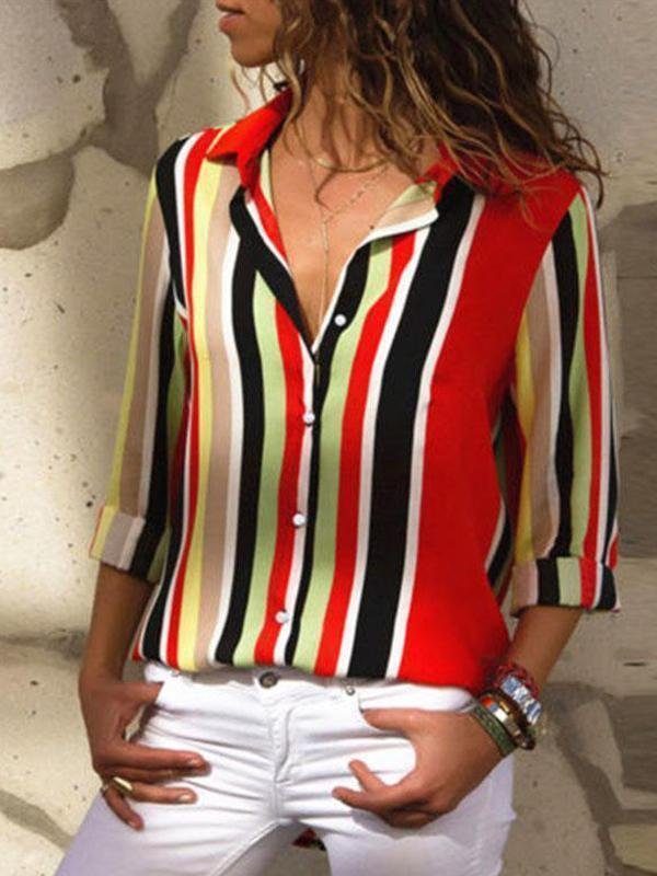 Casual Multicolor Stripes Long Sleeves Shirts Tops