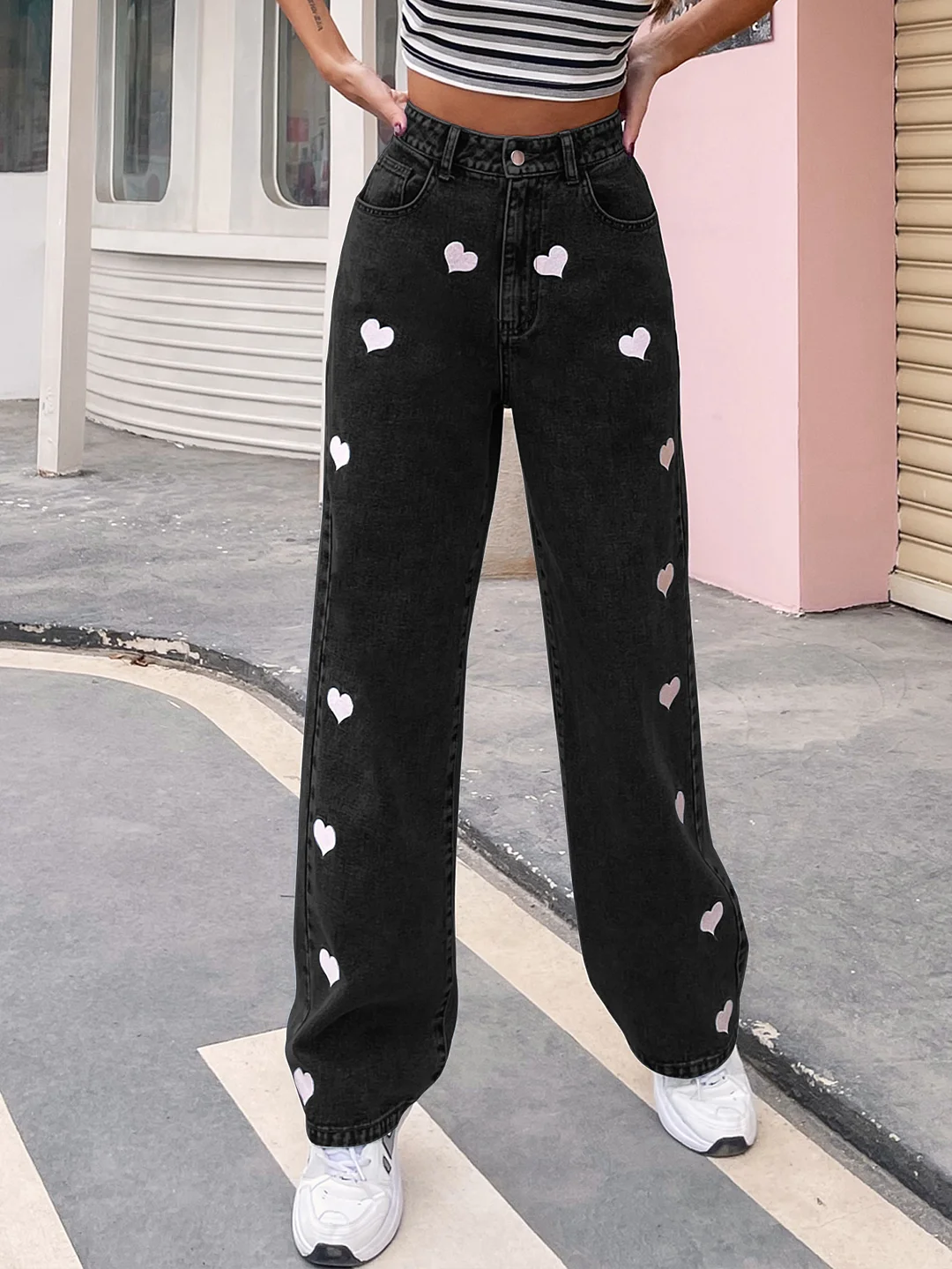 Women's INS Casual Loose Love Print Straight Mopping Denim Jeans