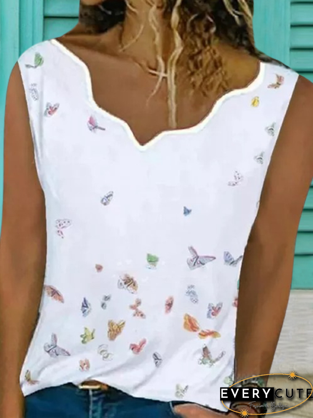 Vintage Sleeveless Butterflies Printed Plus Size Casual Vest Tops