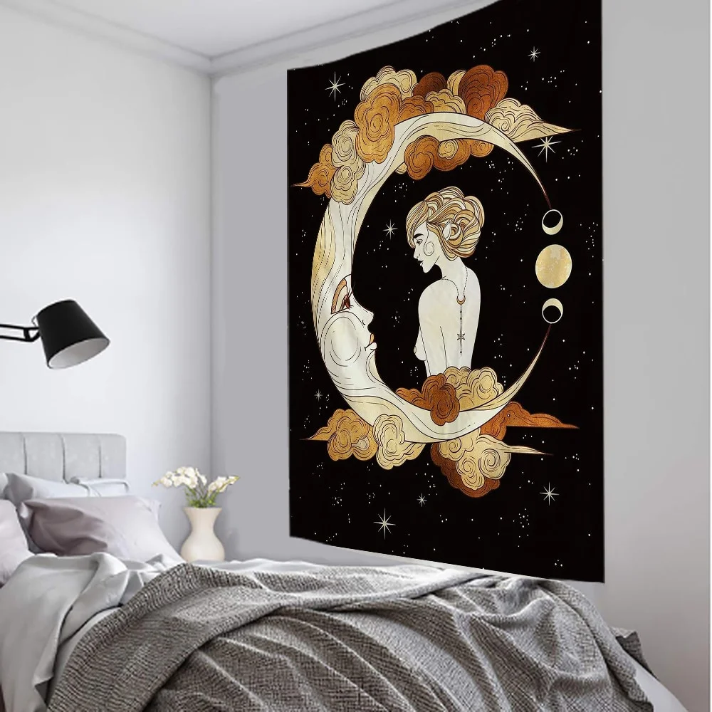 Athvotar Goddess Girl Moon Tapestry Wall Hanging Black Witchcraft Supplies Dorm Decor Celestial Ancient Psychedelic Tapestry Trippy
