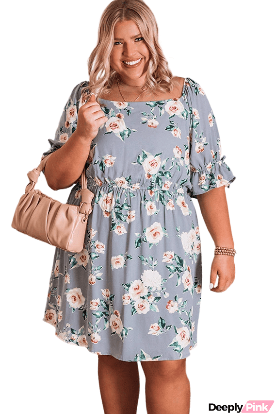 Square Neck Floral Plus Size Mini Dress