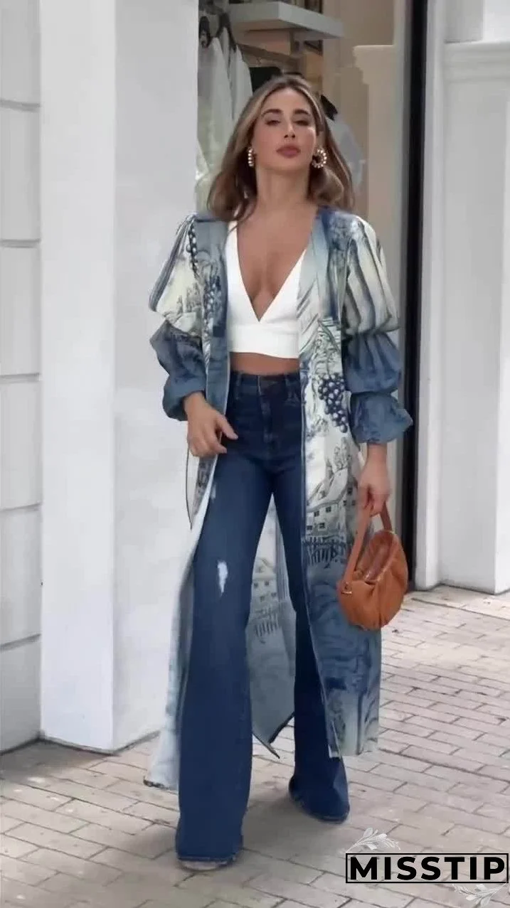 Women's Elegant Fashion Casual Vacation Style Pile Sleeve Denim Suit Pants