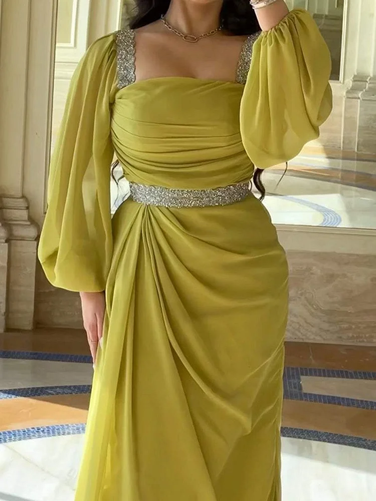 Fashion Solid Color Long Sleeve Dress With Diamonds