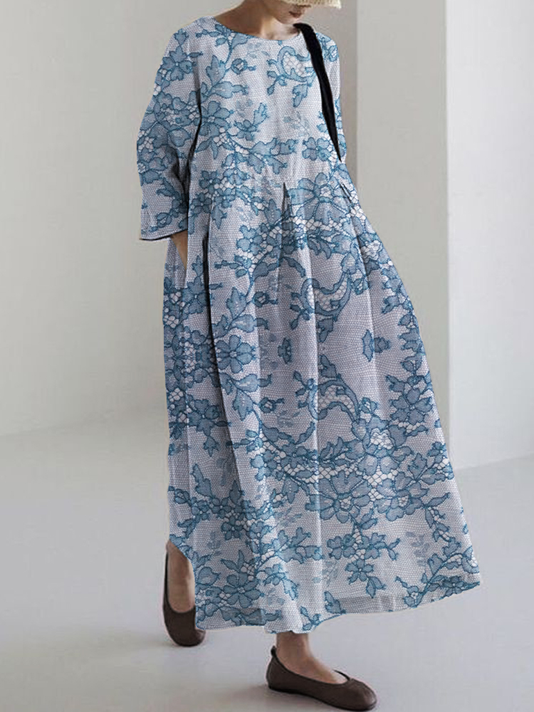 Floral Lace Flowy Linen Blend Maxi Dress