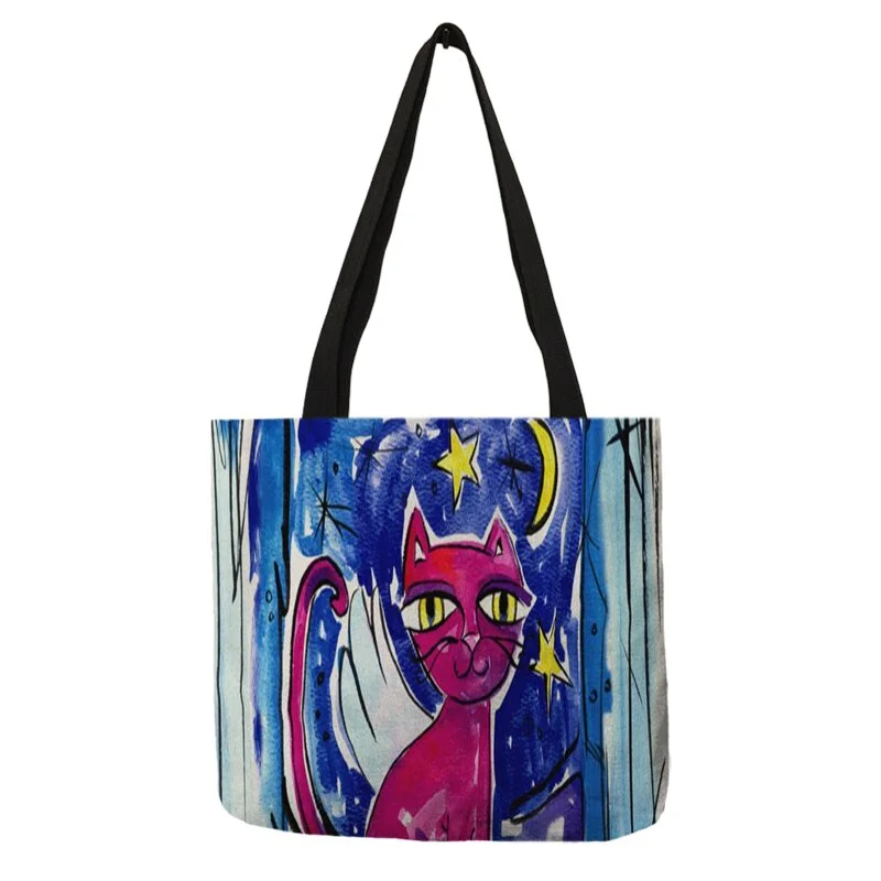 Cute Cartoon Cat Print Tote Handbag for Women Ladies Linen Cloth Shoulder Bag Outdoor Casual Leisure Shopping Bags for Groceries