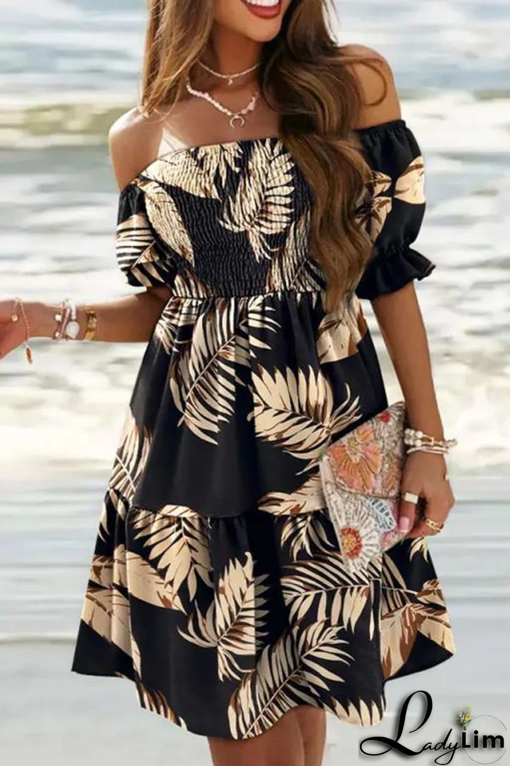 Black Yellow Fashion Sweet Print Patchwork Fold Off the Shoulder A Line Dresses
