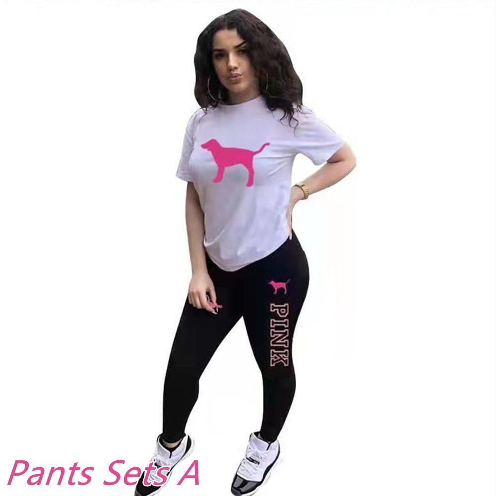 PINK Letter Print Short Sleeves Tshirt Tops + Pants Casual Two Piece Set Summer Women Tracksuits Sport 2pcs Outfits Streetwear