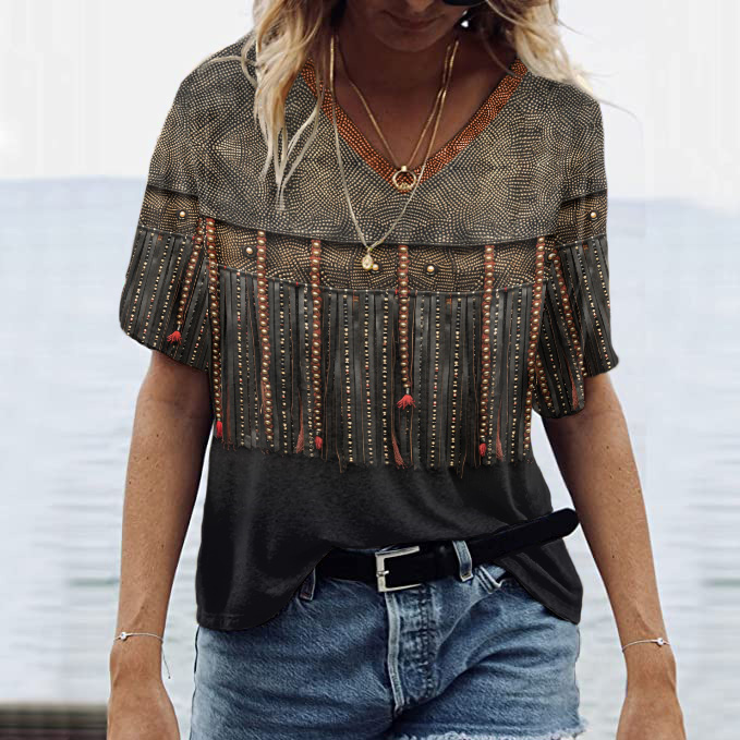 wearshes Western Fringe Print V-Neck Short Sleeved T-Shirt