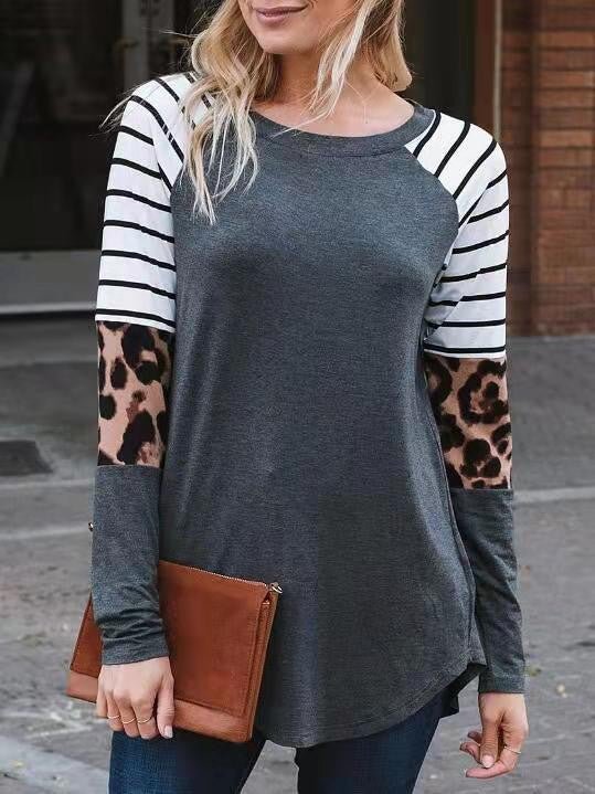 Women's T-Shirts Leopard Stripe Panel Long Sleeve Casual T-Shirt