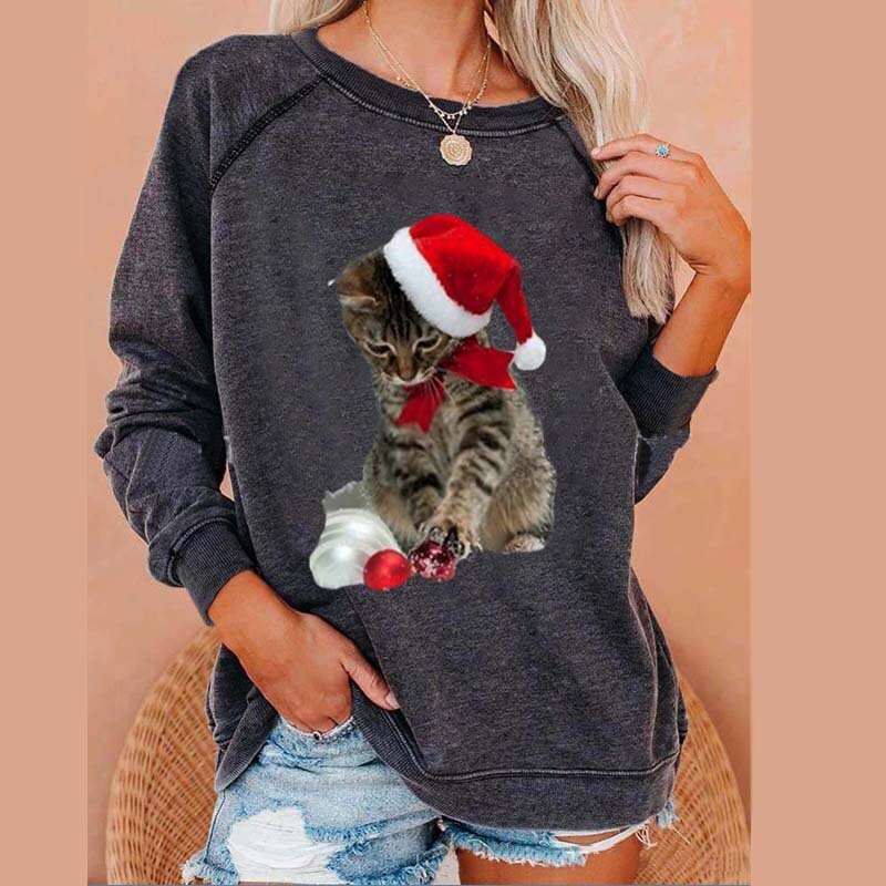 Women's Christmas Cat T-Shirt New Style Round Neck Long Sleeve T-Shirt