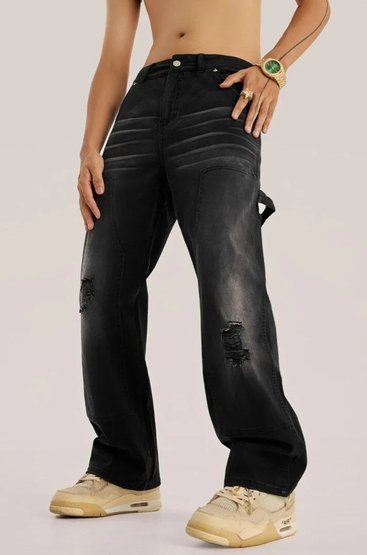Brownm Rise Washed Distressed Jeans