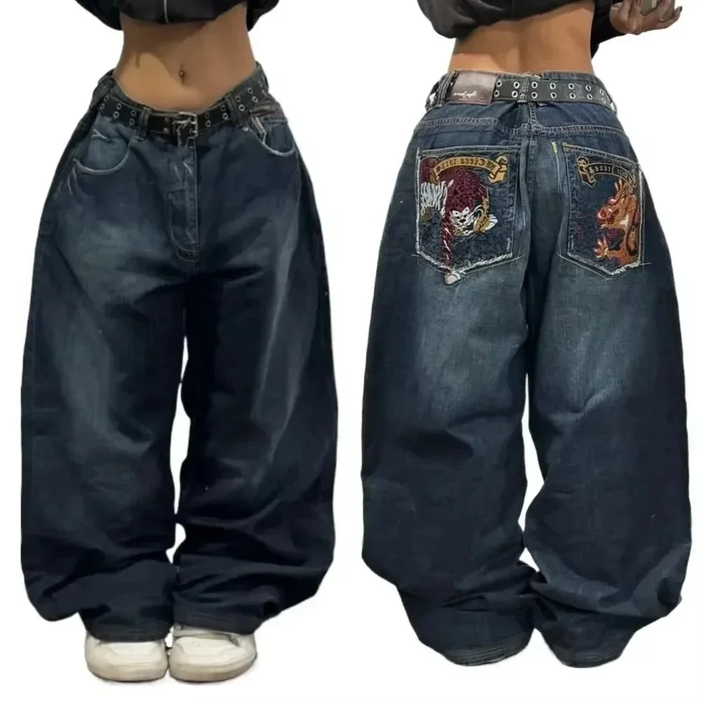 Aonga Y2K New High Street Gothic Jeans American Retro Pattern Jeans Street Hip Hop Punk Harajuk Trendy Couple’s Loose Wide Leg Pants aonga