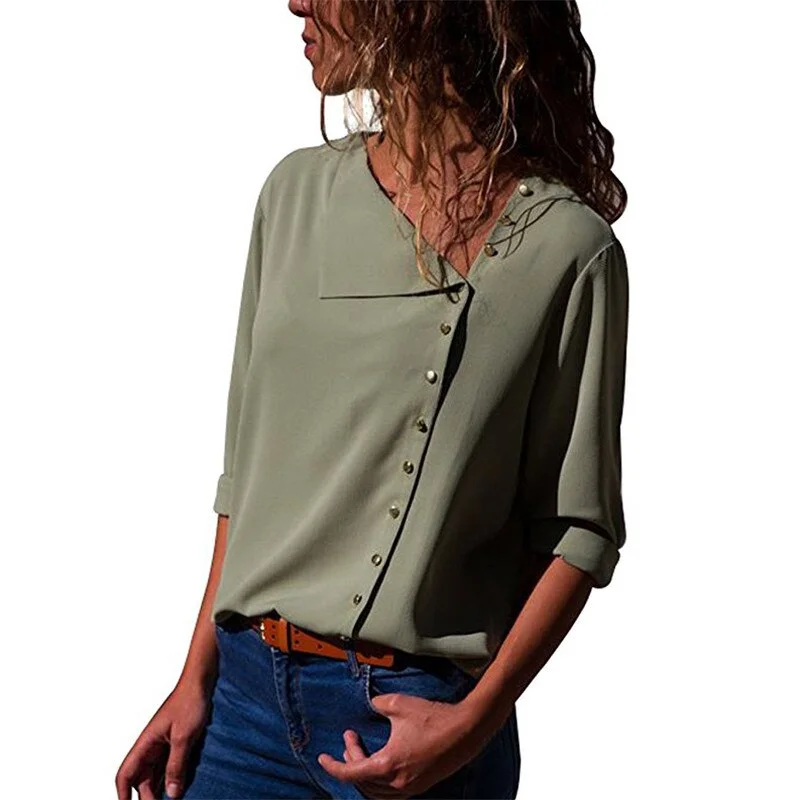 2019 fall new 6 color buttons irregular long sleeve women's Chiffon shirts fashion Tilted collar ladies chiffon shirts