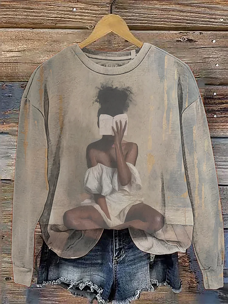 Women's Reading Black Girl Oil Painting Print Cozy Sweatshirt