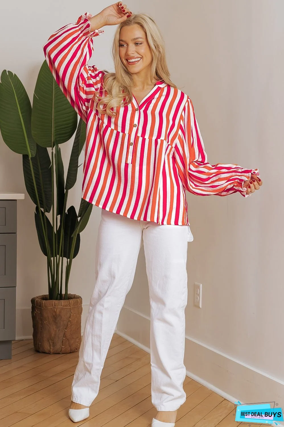 Orange Stripe Balloon Sleeve Notched V Neck Buttoned Front Blouse