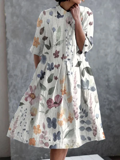Vintage Floral Print Casual Pocket Half Sleeve Dress