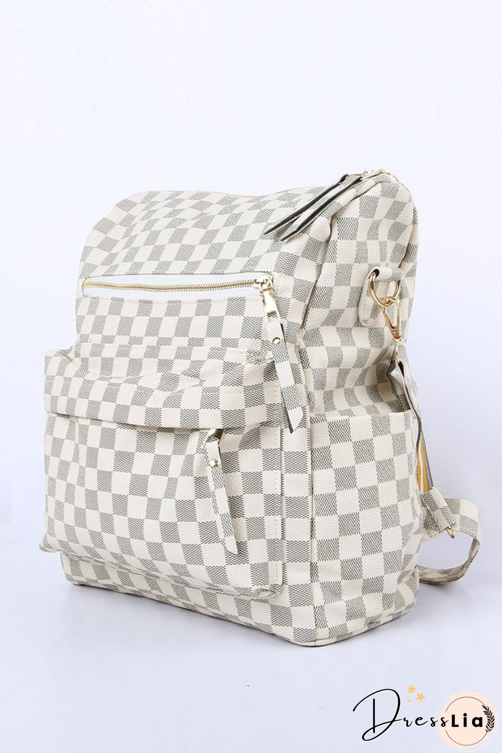 Retro Faux Leather Check Pattern Print Rucksack Vegan Backpack Tote
