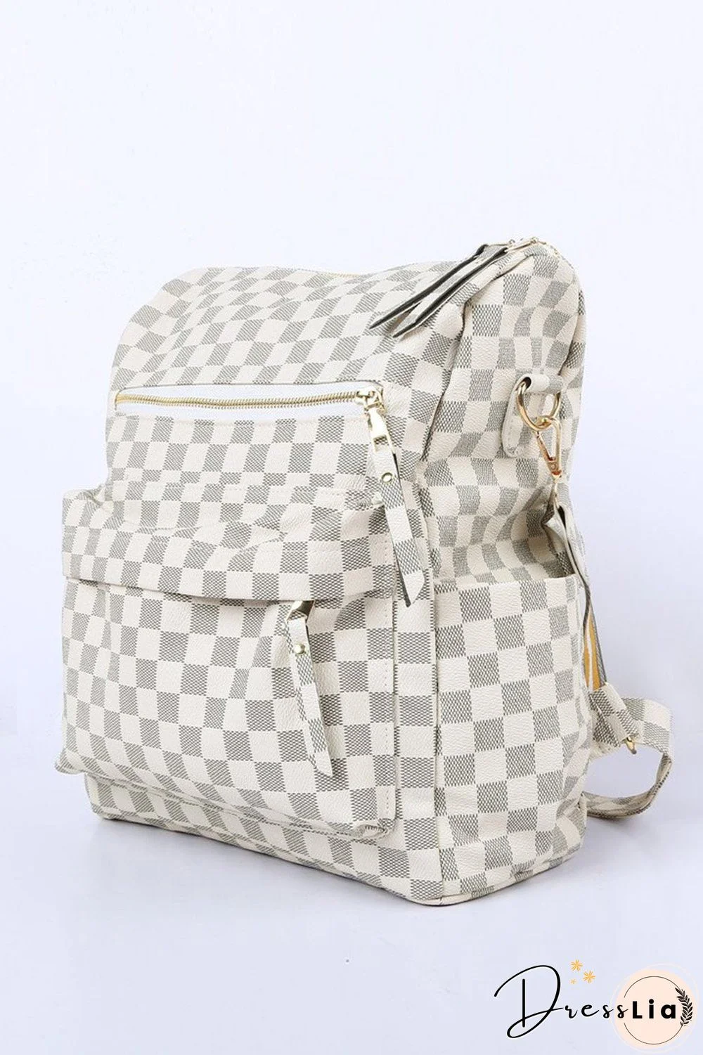Retro Faux Leather Check Pattern Print Rucksack Vegan Backpack Tote