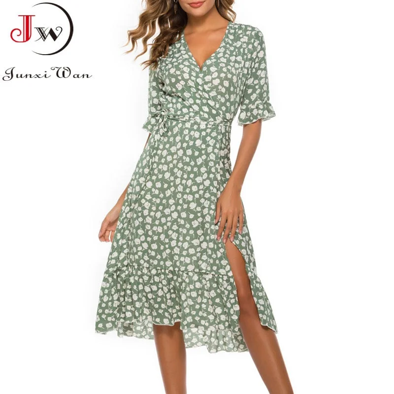 Vintage Floral Printing Women Summer Chiffon Dress 2022 Fashion Casual Elegant Ruffles Short Sleeve Split Boho Beach Sundress