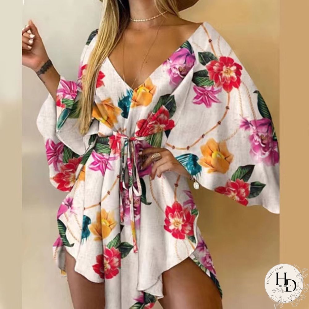 New Summer Beach Elegant Women Dresses Sexy V Neck Lace-up Floral Print Mini Dress Casual Flared Sleeves Ladies Party Dress