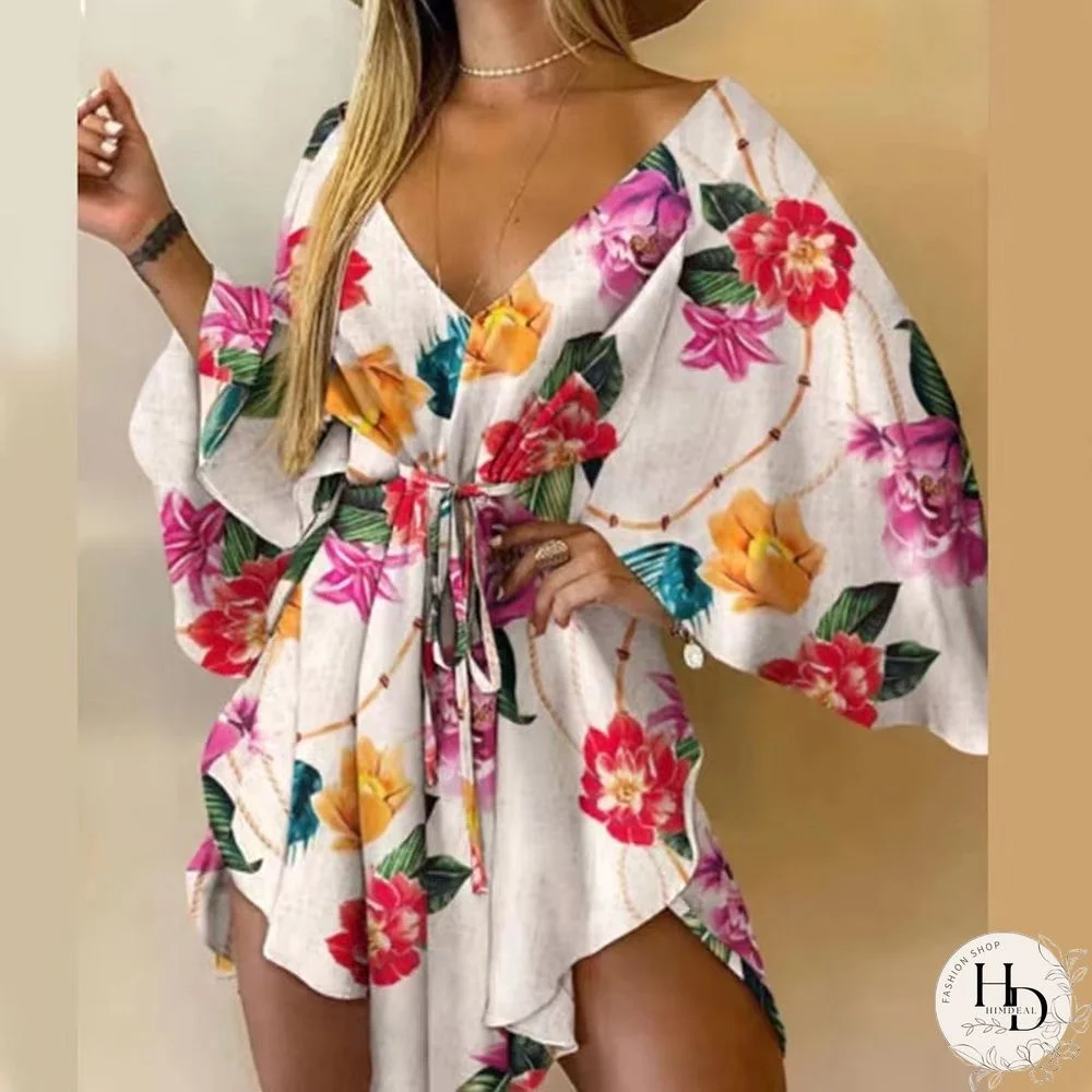 New Summer Beach Elegant Women Dresses Sexy V Neck Lace-up Floral Print Mini Dress Casual Flared Sleeves Ladies Party Dress