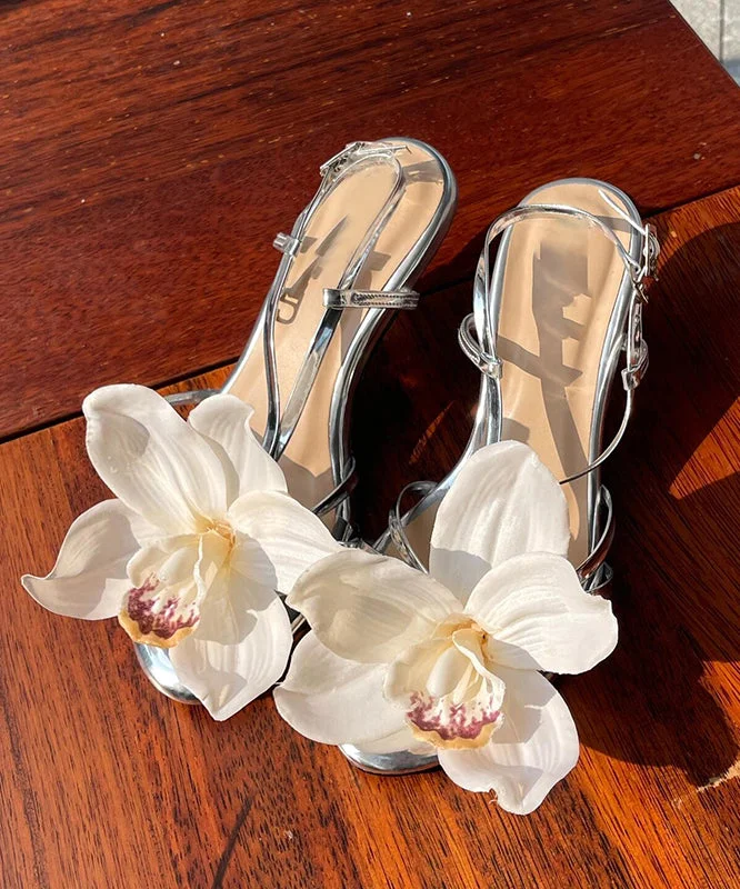 2025 New Silver Flower Open Toed Buckle High Heeled Sandals