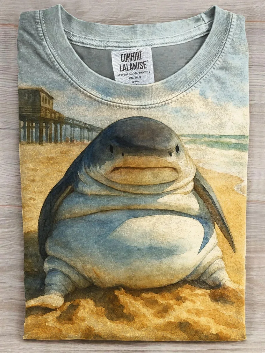 Eagerlys  Funny Fat Shark Art Print T-shirt Eagerlys