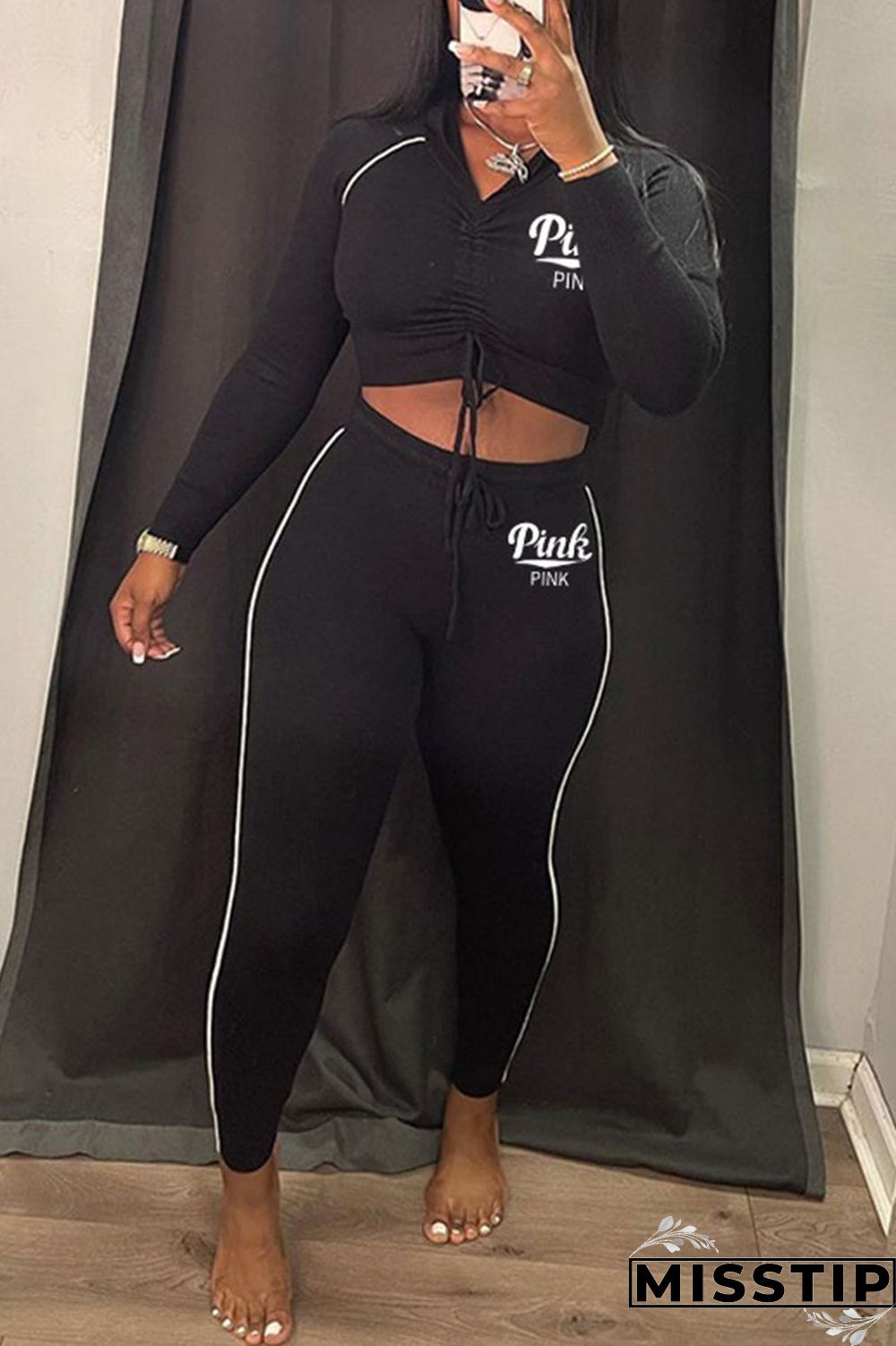 Black Casual Print Patchwork Draw String Fold Hooded Collar Long Sleeve Two Pieces