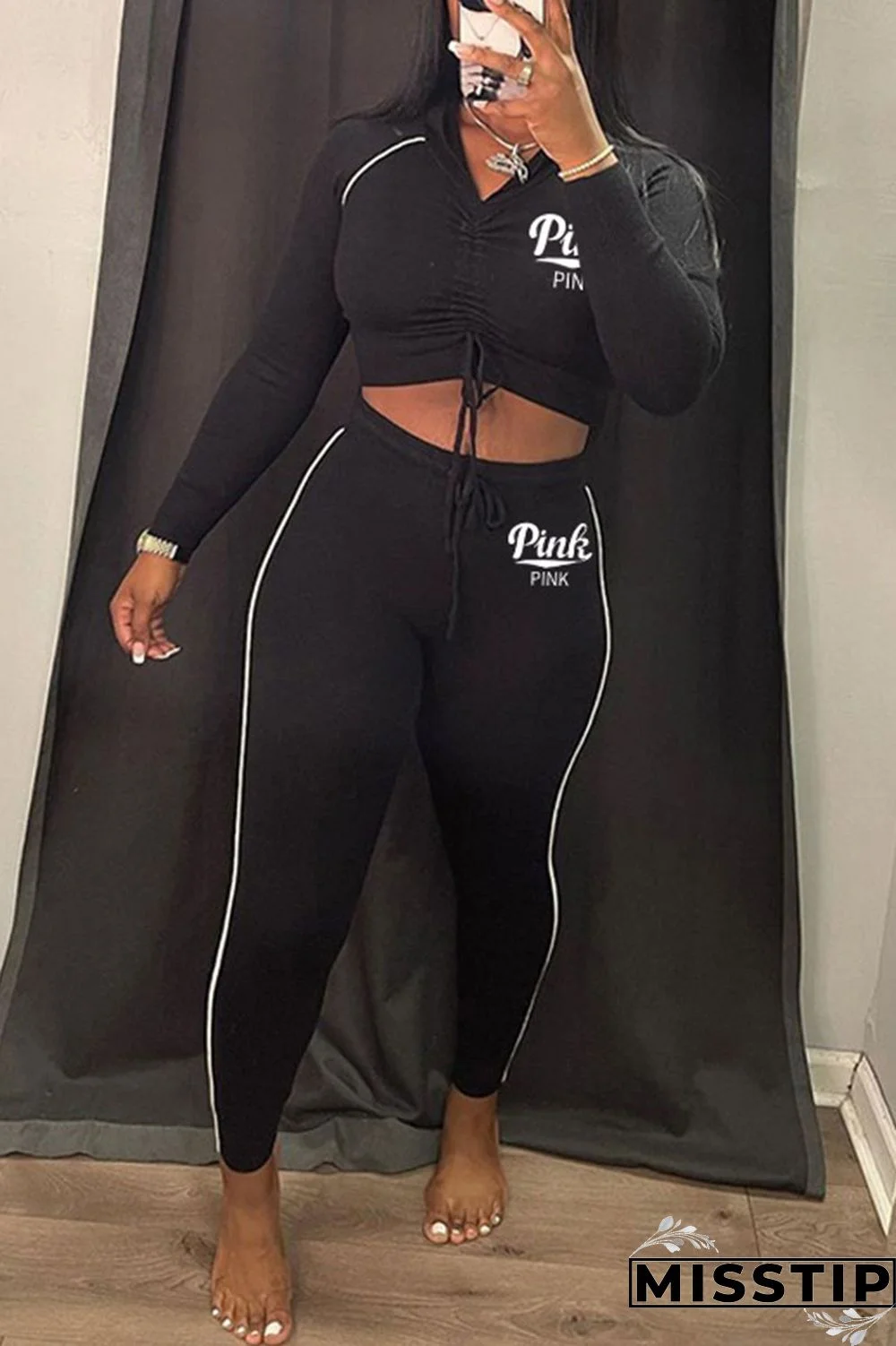 Black Casual Print Patchwork Draw String Fold Hooded Collar Long Sleeve Two Pieces