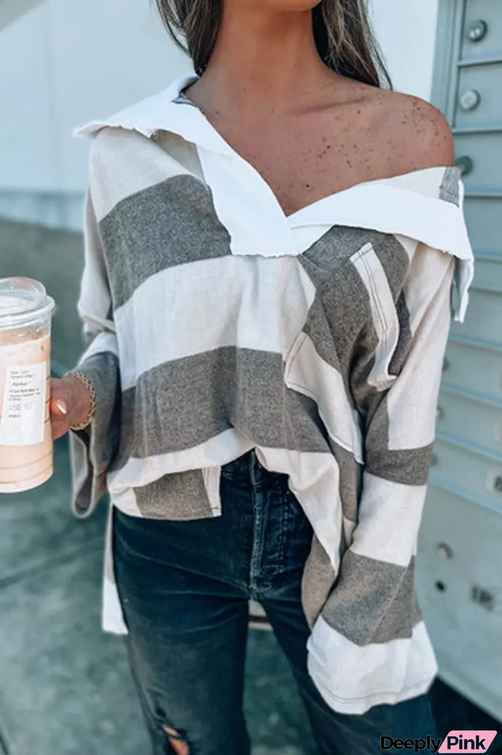 Stripe Oversized Collared Long Sleeve Top