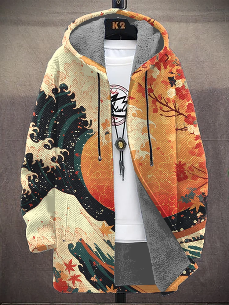 Men's Autumn Japanese Landscape Art Print Hooded Trench Coat