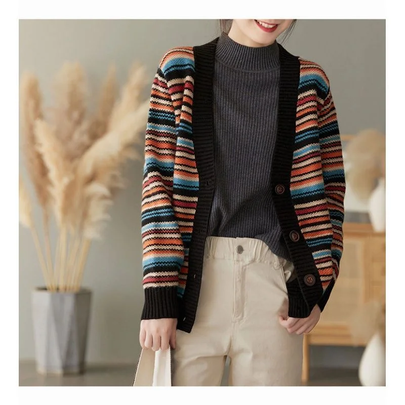 2022 Winter New Cashmere Striped Cardigan Women Wool Shirt V-Neck Long Sleeve Knit Thick Coat Lady Jacket Chic Outerwear B83