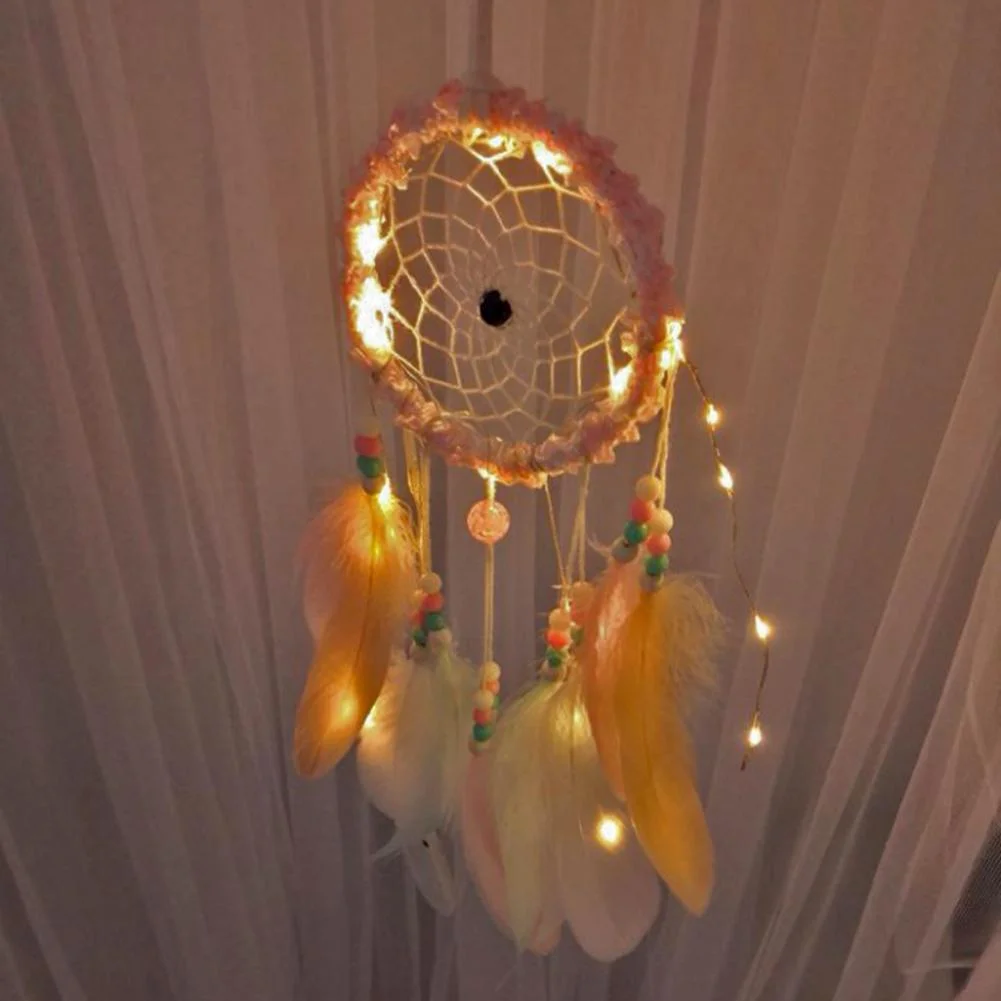 Romantic Feathers Beads Light Dream Catcher Bedroom Hanging Pendant Decor