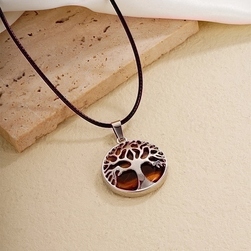 Ig Style Minimalist Round Tree Stainless Steel Natural Stone Leather Rope Inlay Natural Stone Pendant Necklace