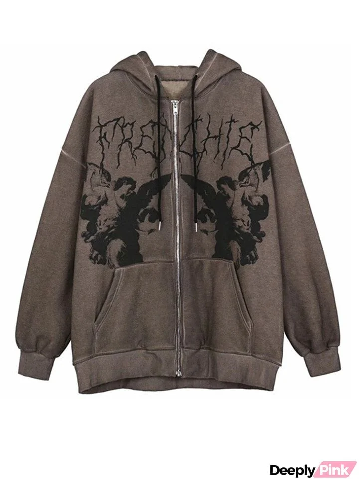 Casual Stylish Printed Loose Y2K Grunge Jacket Hoodie