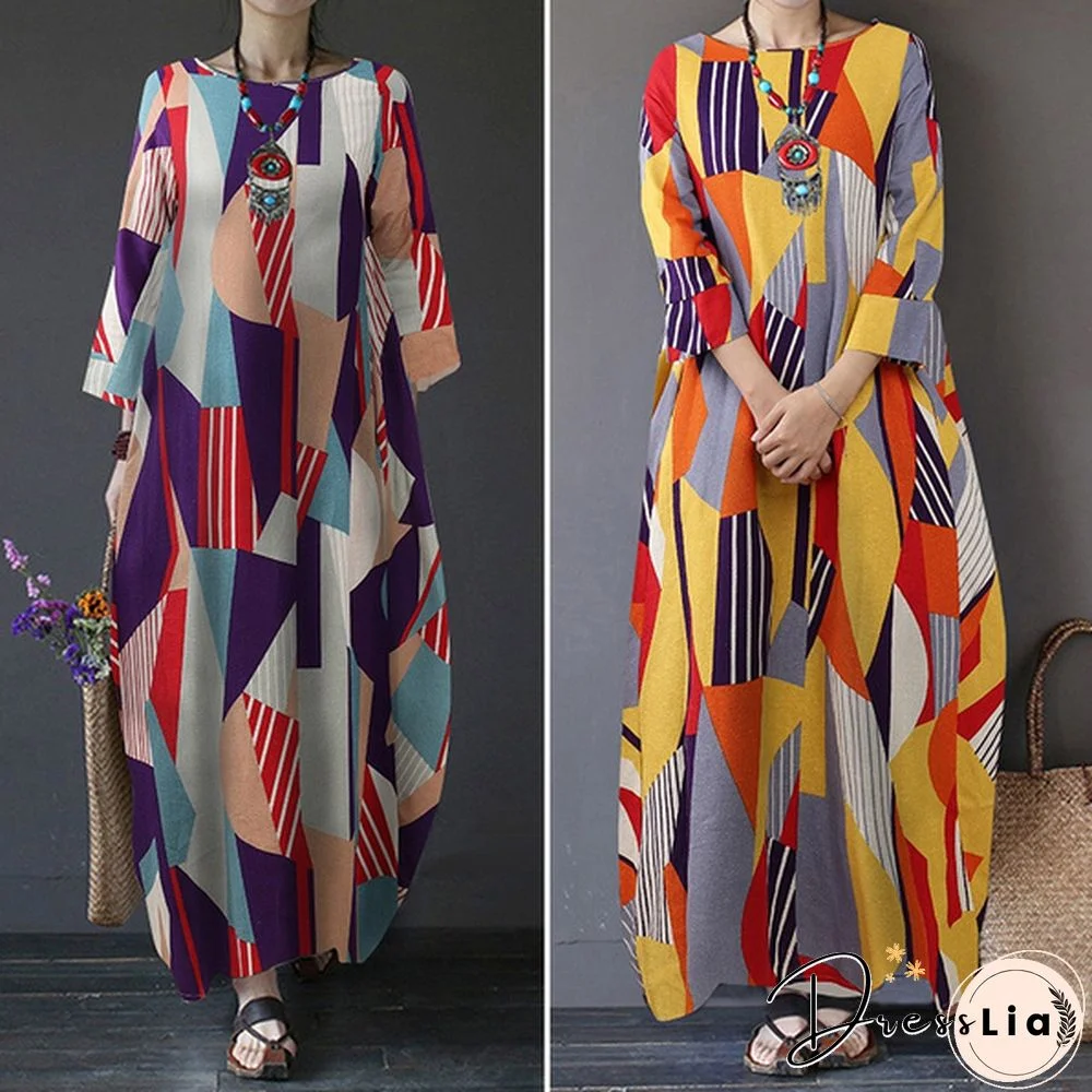 Oversized Women Retro Cotton 3/4 Sleeve Long Shirt Dress Crew Neck Kaftan Geometric Printed Maxi Sundress