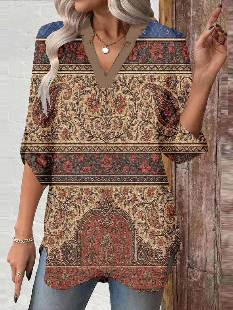 Women Bohemian, Orange, Blue DZGA0203 3/4 Sleeve V-neck Printed Graphic Button Tops