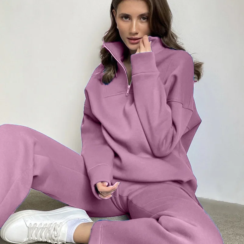 Athvotar Athvotar Selling Solid Cotton Jacket Set Zipper Plus Velvet Loose Top Sports Pants Women