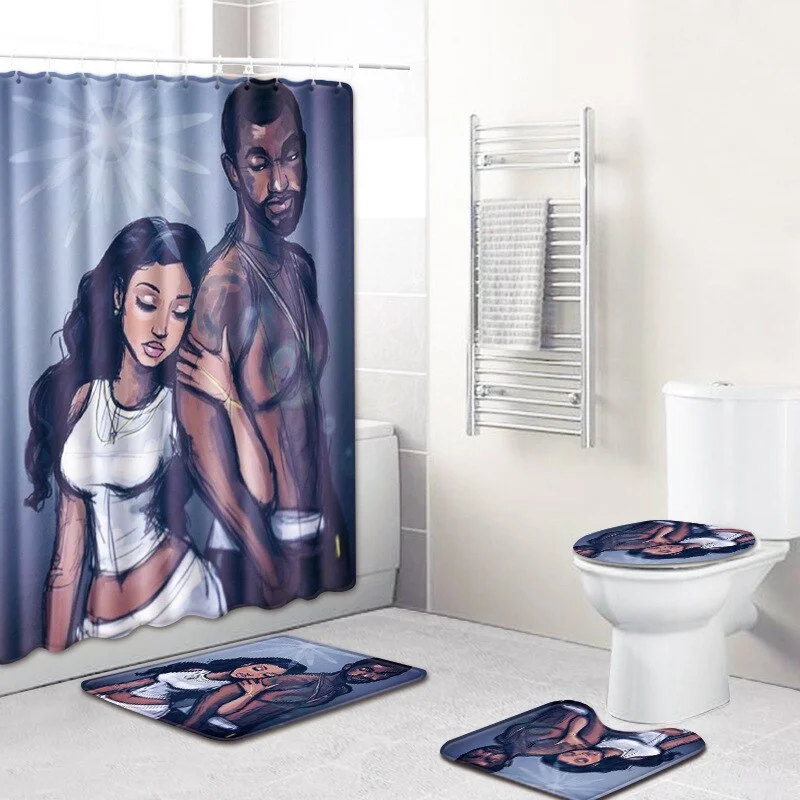 King Queen Couple African Shower Curtain Polyester Fabric Lovers Art Painting Home Decoration Bathroom Curtain Non-slip Bath Mat