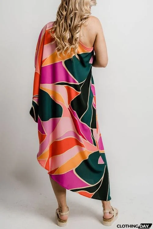 Multi Print Asymmetrical One Shoulder Dress