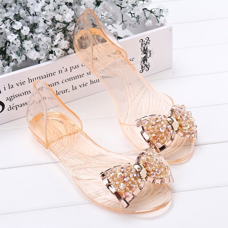 Women Bowtie Crystal Summer Sandals Jelly Shoes Transparent Female Bling Casual Peep Toe Beach Shoes Flats Fashion Ladies Shoes