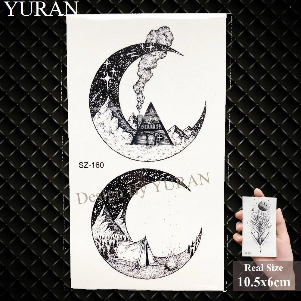 YURAN Black Mountain River Geometric Tattoo Stickers Women Body Arm Moon Temporary Tattoo Men Ankle Wolf Round Fake Tatoo 3D