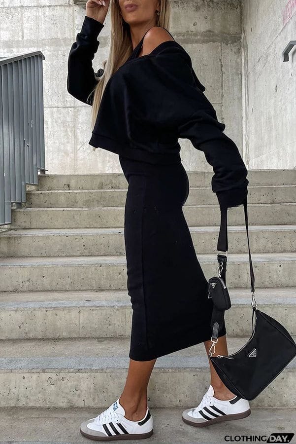 Around The World Hooded Sweatshirt and Slip Maxi Skirt Two Piece Set