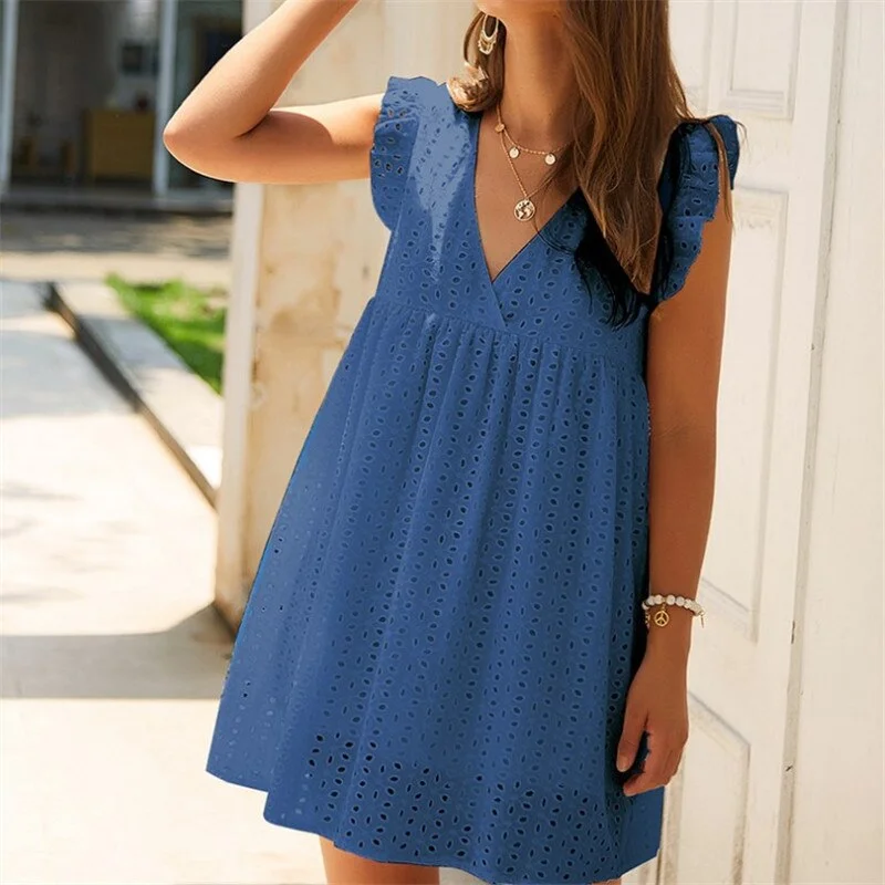 MUICHES Sweet Hollow Out Cotton Dress Woman Flying Sleeve Lace Deep V-Neck Mini Dress Ruffles Candy Color 2021 New Cute Fashion
