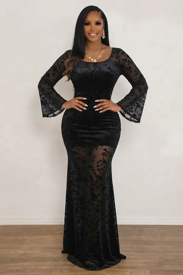Floral Flocking Square Neck Flare Sleeve Slim Gowns Maxi Dresses-Black