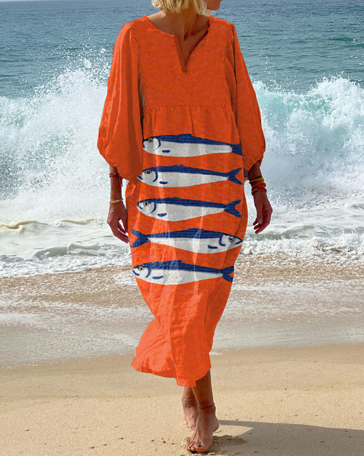 Vacation Abstract Fish Art Print V-Neck Loose Dress