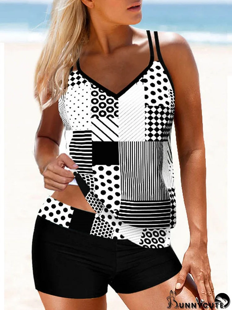 Women Double Strap Striped Polka Dot Colorblock Tankini Set