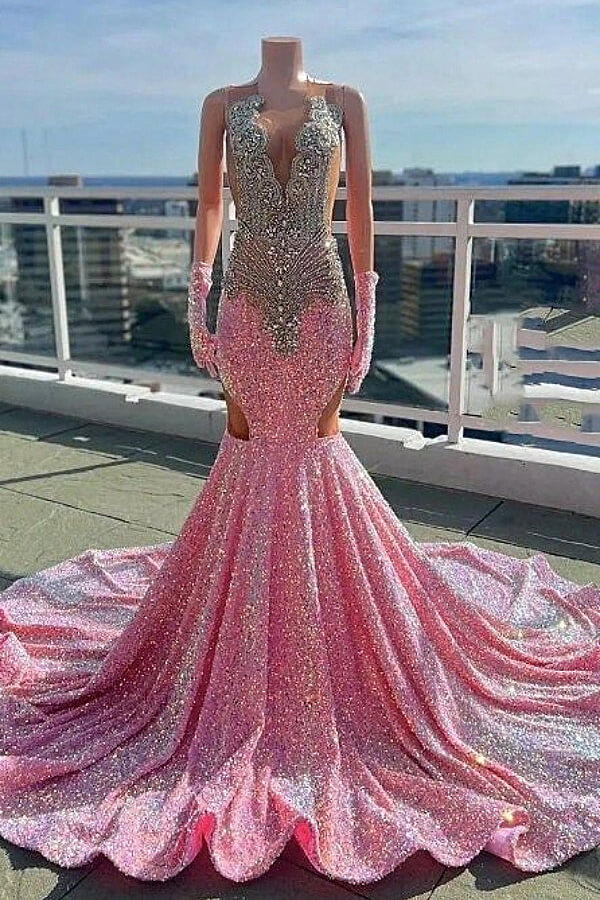 Bellasprom Pink Sleeveless Scoop Mermaid Prom Dress Sequins With Beadings Online Bellasprom