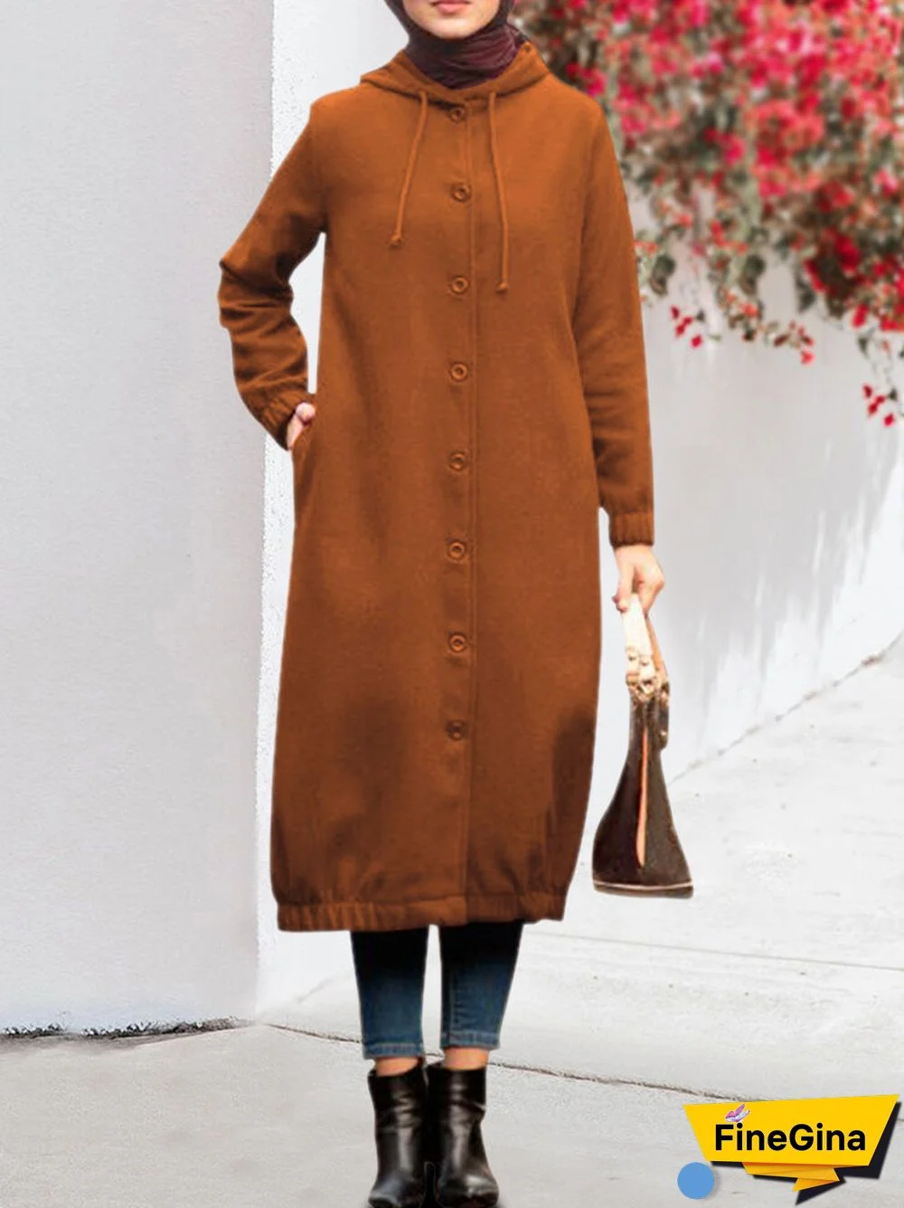 Solid Color Button Hooded Long Sleeve Hoodie Jacket
